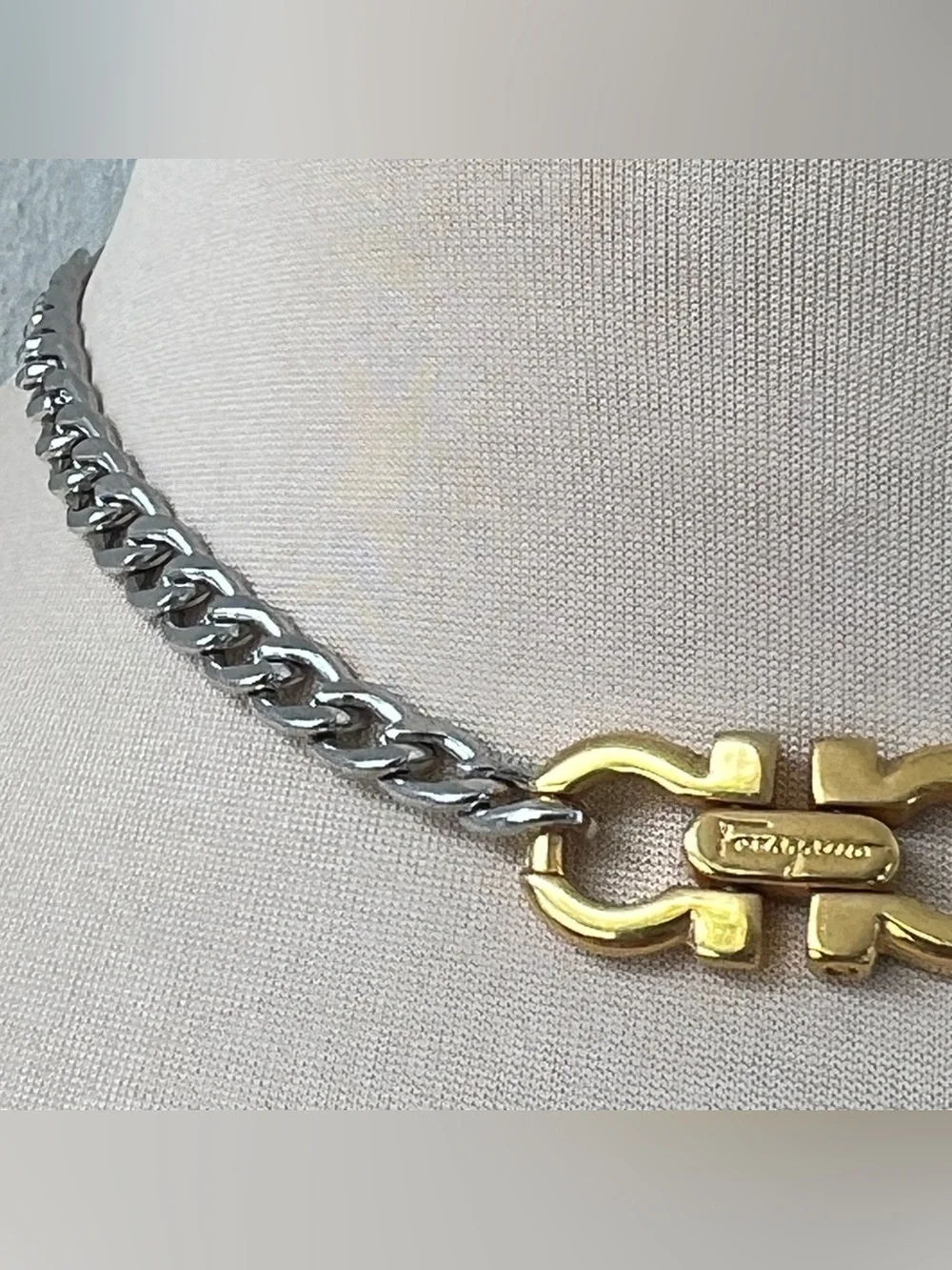 Custom Vintage Two-tone Ferragamo Necklace Silver Gold Curb Chain Choker | 15”